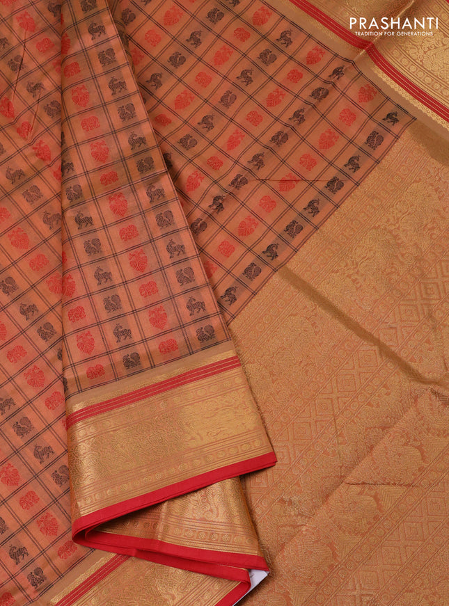Kanchipuram silk cotton saree peach shade and red with allover thread checks & 1000 buttas and zari woven border