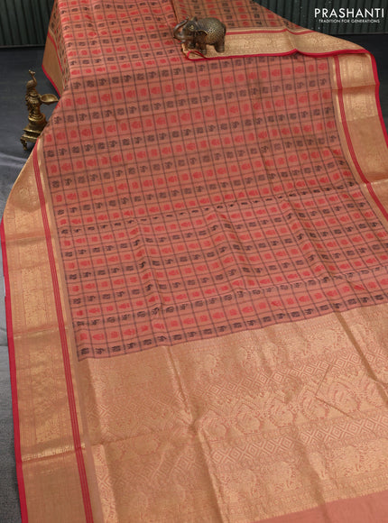 Kanchipuram silk cotton saree peach shade and red with allover thread checks & 1000 buttas and zari woven border