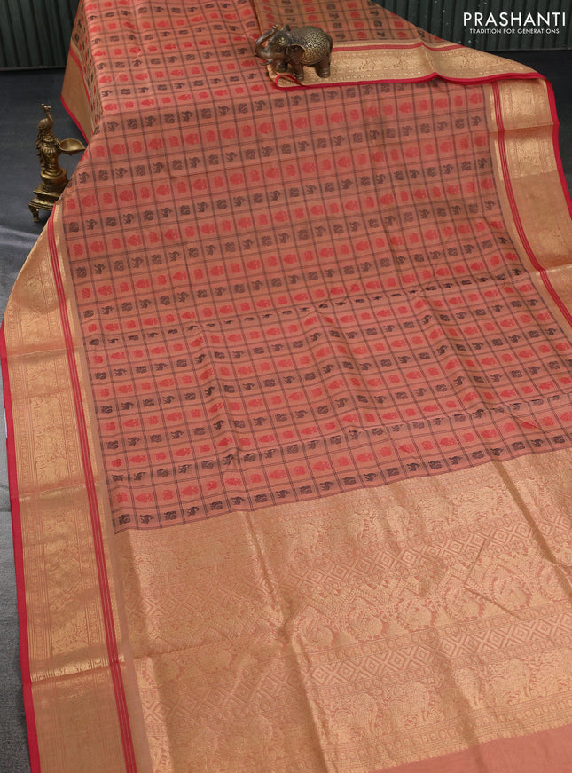 Kanchipuram silk cotton saree peach shade and red with allover thread checks & 1000 buttas and zari woven border