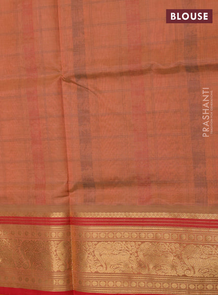Kanchipuram silk cotton saree peach shade and red with allover thread checks & 1000 buttas and zari woven border