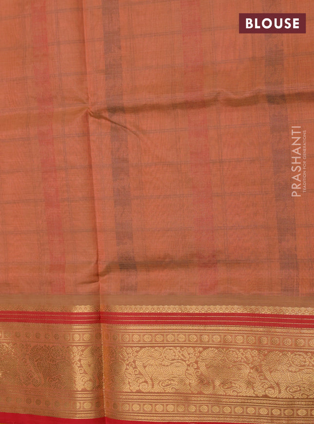 Kanchipuram silk cotton saree peach shade and red with allover thread checks & 1000 buttas and zari woven border