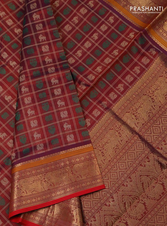 Kanchipuram silk cotton saree maroon and red with allover thread checks & 1000 buttas and zari woven border