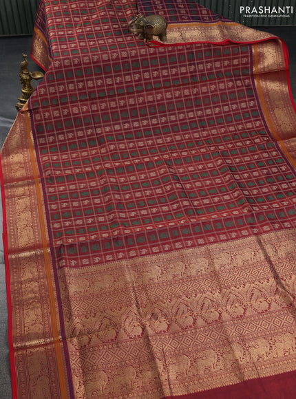 Kanchipuram silk cotton saree maroon and red with allover thread checks & 1000 buttas and zari woven border
