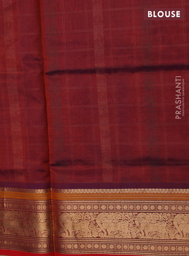 Kanchipuram silk cotton saree maroon and red with allover thread checks & 1000 buttas and zari woven border