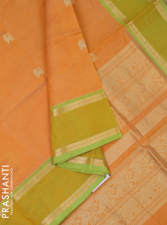 Kanchipuram silk cotton saree yellow and light green with zari woven buttas and rettapet zari woven border