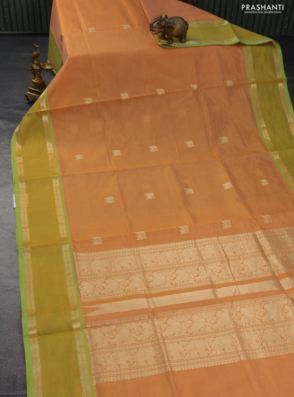 Kanchipuram silk cotton saree yellow and light green with zari woven buttas and rettapet zari woven border