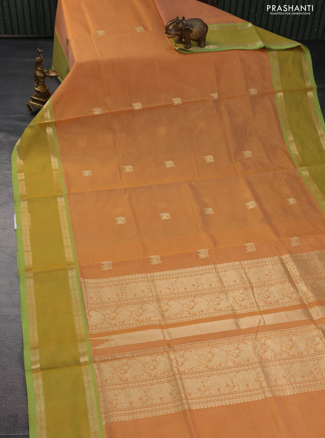 Kanchipuram silk cotton saree yellow and light green with zari woven buttas and rettapet zari woven border