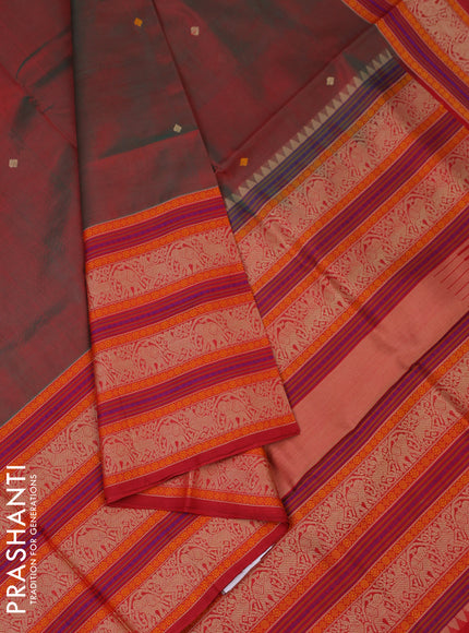 Kanchipuram silk cotton saree dual shade of maroon with thread woven buttas and long thread woven border