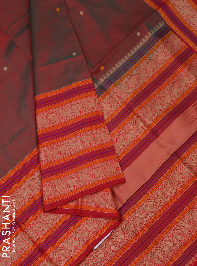 Kanchipuram silk cotton saree dual shade of maroon with thread woven buttas and long thread woven border