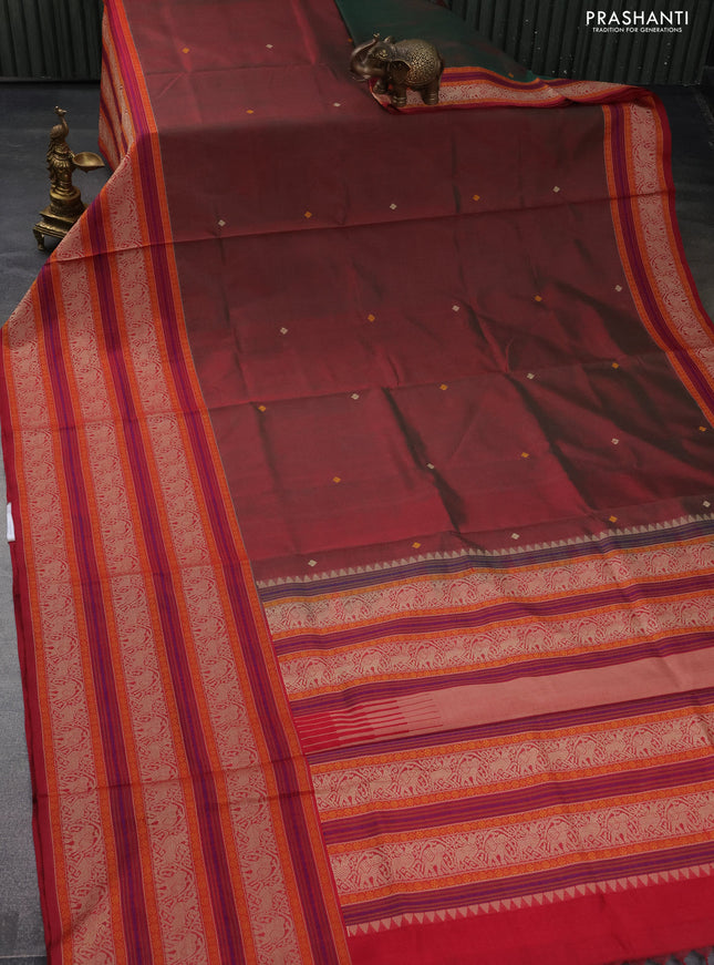 Kanchipuram silk cotton saree dual shade of maroon with thread woven buttas and long thread woven border