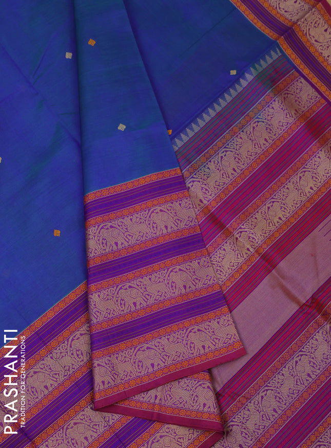 Kanchipuram silk cotton saree dual shade of bluish green and maroon with thread woven buttas and long thread woven border