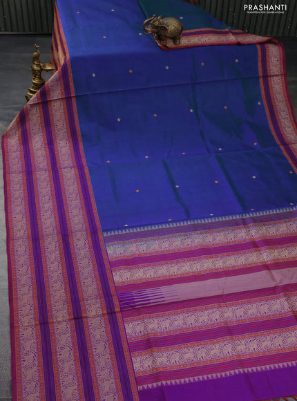 Kanchipuram silk cotton saree dual shade of bluish green and maroon with thread woven buttas and long thread woven border