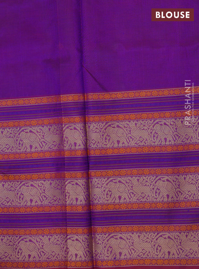 Kanchipuram silk cotton saree dual shade of bluish green and maroon with thread woven buttas and long thread woven border