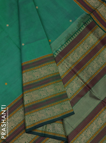Kanchipuram silk cotton saree green with thread woven buttas and long thread woven border