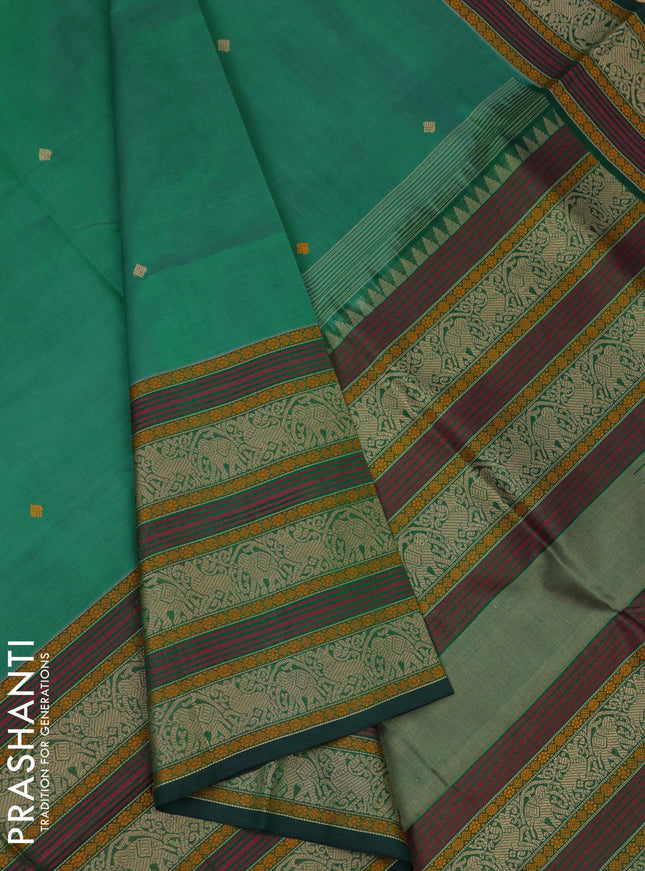 Kanchipuram silk cotton saree green with thread woven buttas and long thread woven border