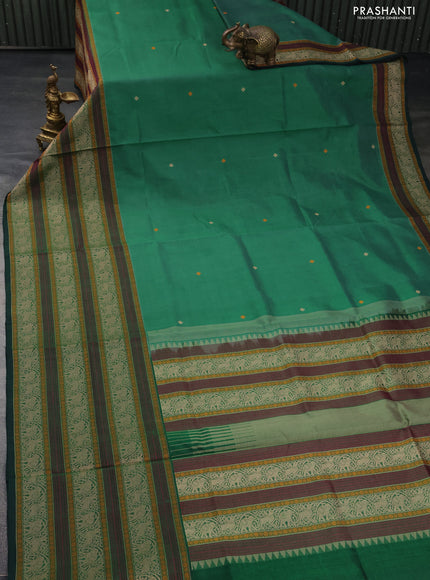 Kanchipuram silk cotton saree green with thread woven buttas and long thread woven border