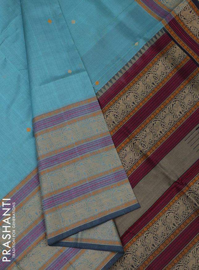 Kanchipuram silk cotton saree pastel blue with thread woven buttas and long thread woven border
