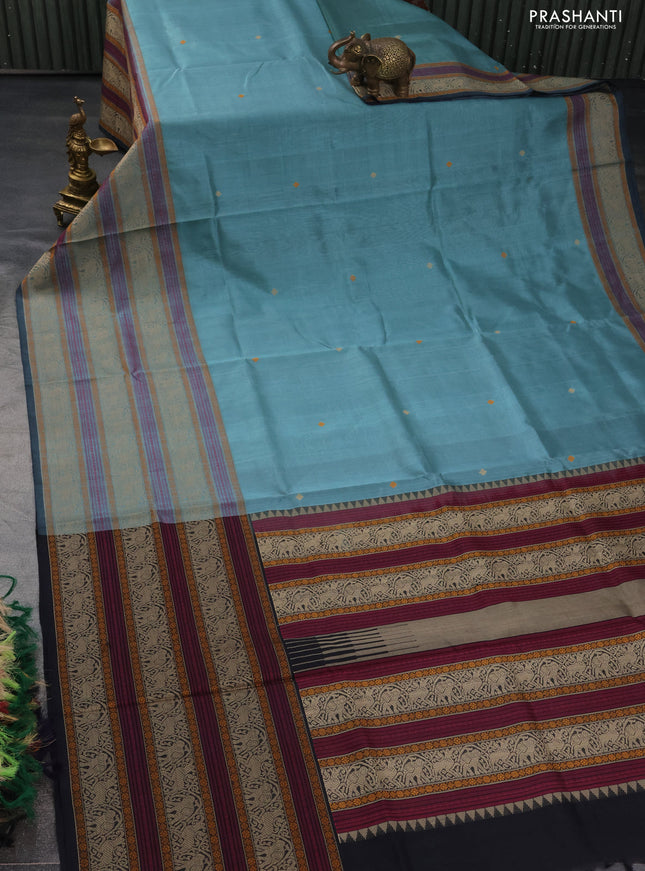 Kanchipuram silk cotton saree pastel blue with thread woven buttas and long thread woven border