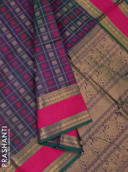 Kanchipuram silk cotton saree dual shade of green and pink with allover thread checks & 1000 buttas and rettapet zari woven border