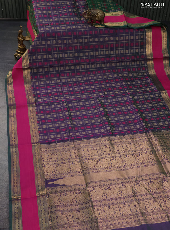 Kanchipuram silk cotton saree dual shade of green and pink with allover thread checks & 1000 buttas and rettapet zari woven border