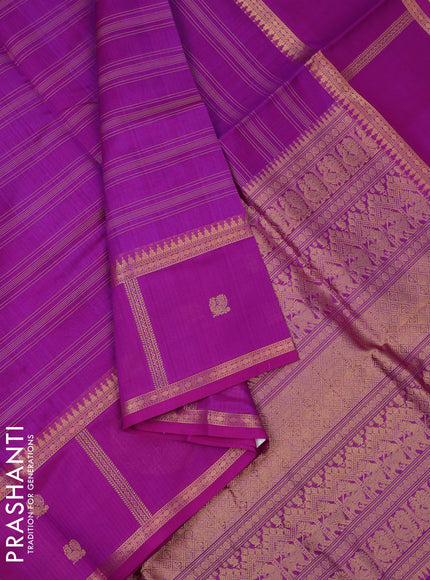 Kanchipuram silk cotton saree purple with allover thread woven stripes pattern and rettapet zari woven butta border