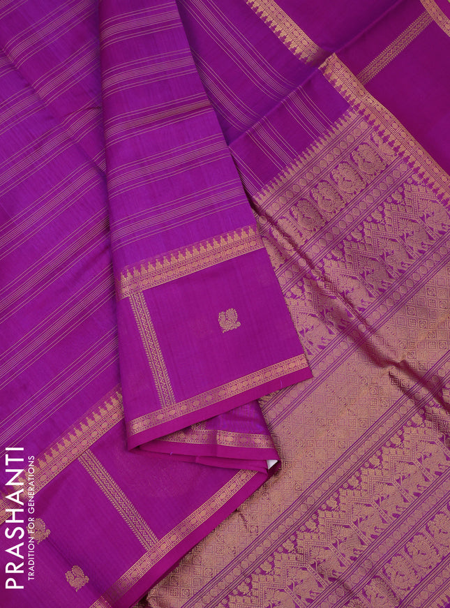 Kanchipuram silk cotton saree purple with allover thread woven stripes pattern and rettapet zari woven butta border