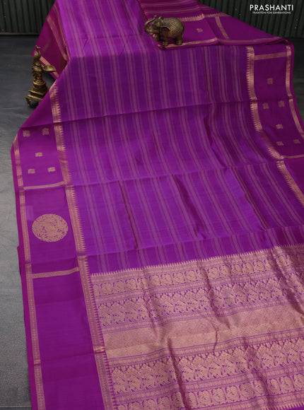 Kanchipuram silk cotton saree purple with allover thread woven stripes pattern and rettapet zari woven butta border