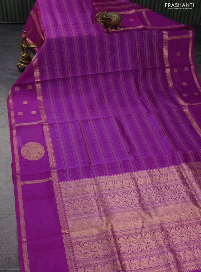 Kanchipuram silk cotton saree purple with allover thread woven stripes pattern and rettapet zari woven butta border
