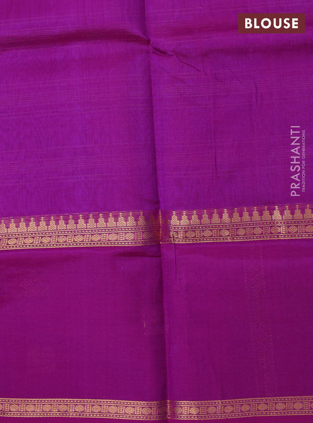 Kanchipuram silk cotton saree purple with allover thread woven stripes pattern and rettapet zari woven butta border