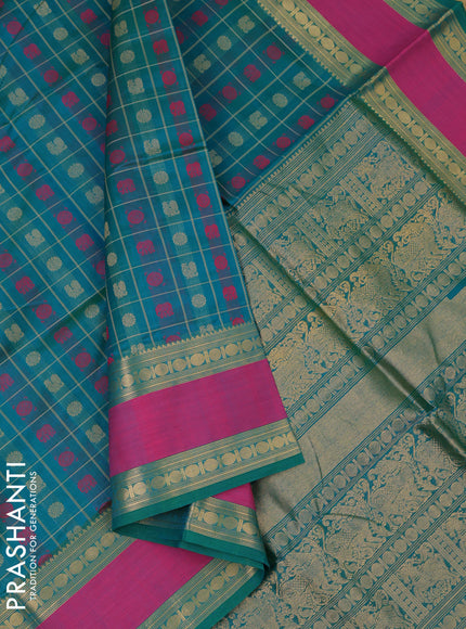 Kanchipuram silk cotton saree green and pink with allover thread checks & 1000 buttas and rettapet zari woven border
