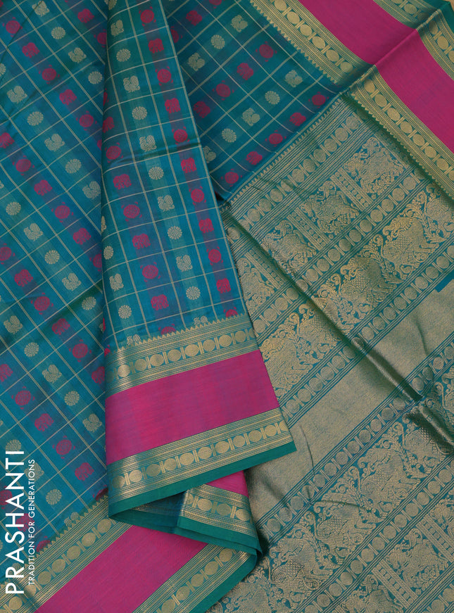 Kanchipuram silk cotton saree green and pink with allover thread checks & 1000 buttas and rettapet zari woven border
