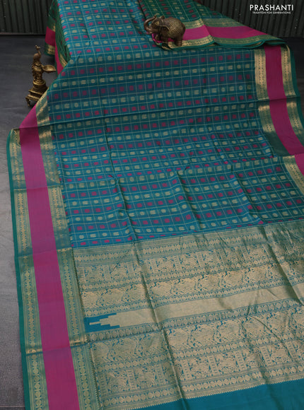 Kanchipuram silk cotton saree green and pink with allover thread checks & 1000 buttas and rettapet zari woven border