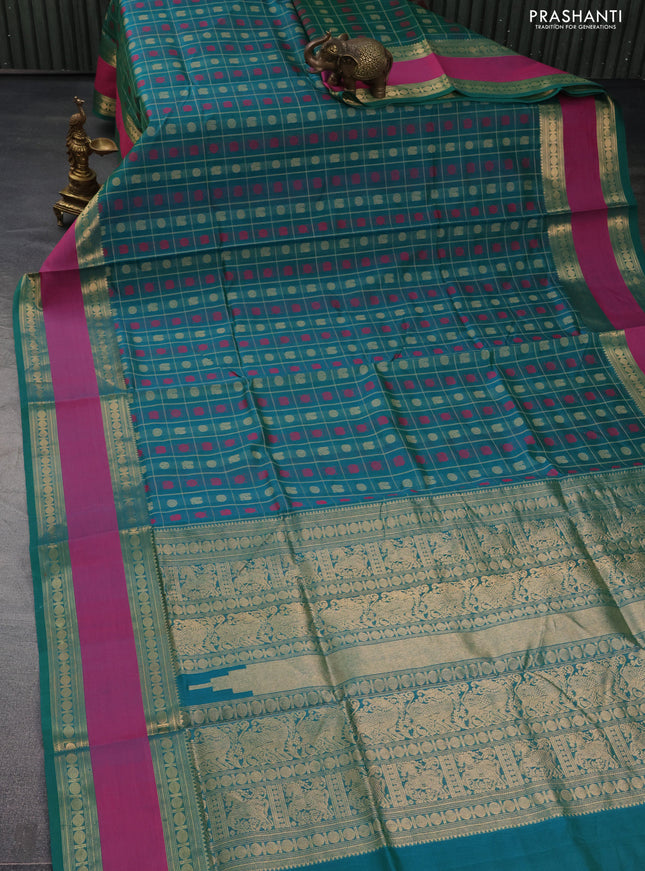 Kanchipuram silk cotton saree green and pink with allover thread checks & 1000 buttas and rettapet zari woven border