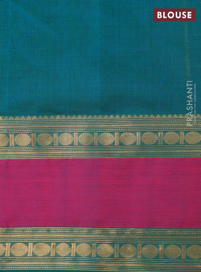 Kanchipuram silk cotton saree green and pink with allover thread checks & 1000 buttas and rettapet zari woven border