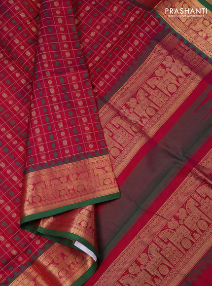 Kanchipuram silk cotton saree magenta pink and green with allover thread checks & buttas and rettapet zari woven border