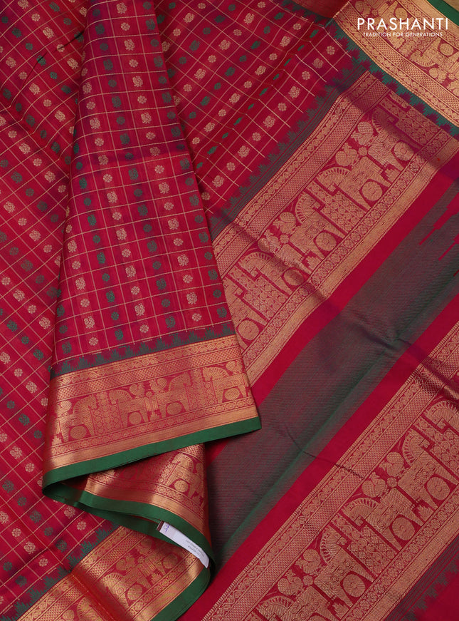 Kanchipuram silk cotton saree magenta pink and green with allover thread checks & buttas and rettapet zari woven border