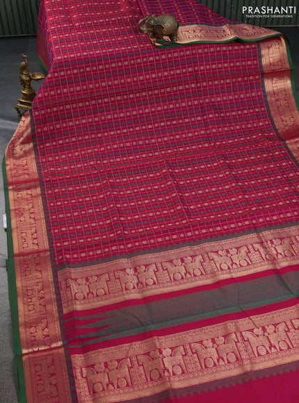 Kanchipuram silk cotton saree magenta pink and green with allover thread checks & buttas and rettapet zari woven border
