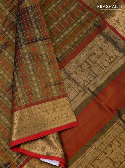 Kanchipuram silk cotton saree mehendi green and maroon with allover thread checks & buttas and rettapet zari woven border