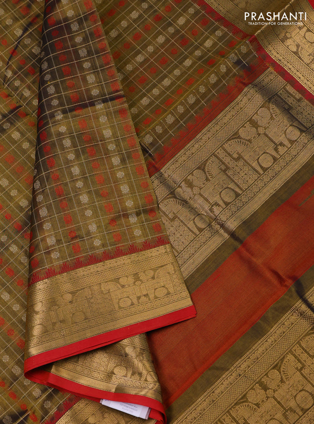 Kanchipuram silk cotton saree mehendi green and maroon with allover thread checks & buttas and rettapet zari woven border