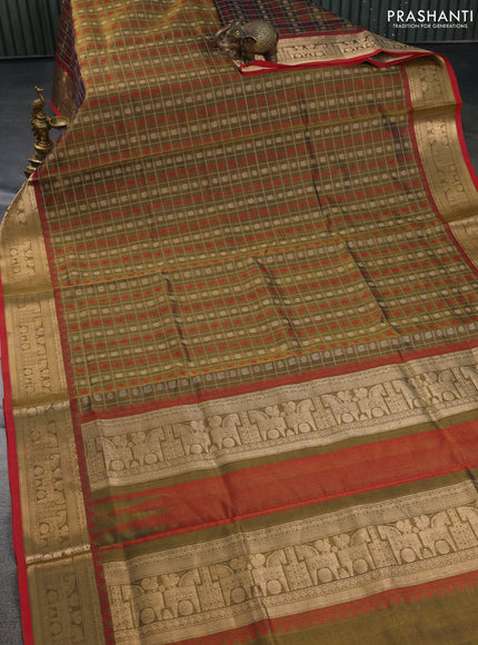 Kanchipuram silk cotton saree mehendi green and maroon with allover thread checks & buttas and rettapet zari woven border