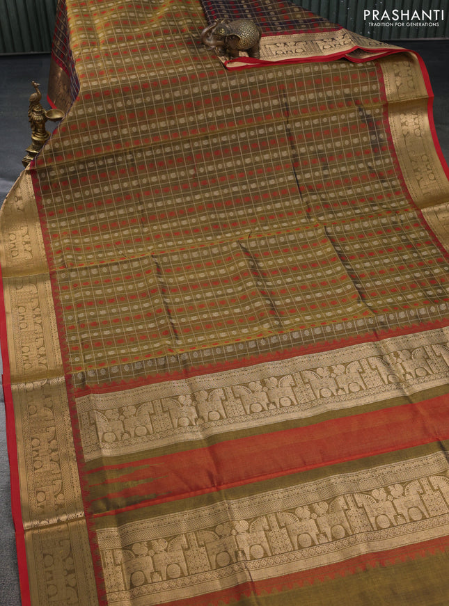 Kanchipuram silk cotton saree mehendi green and maroon with allover thread checks & buttas and rettapet zari woven border