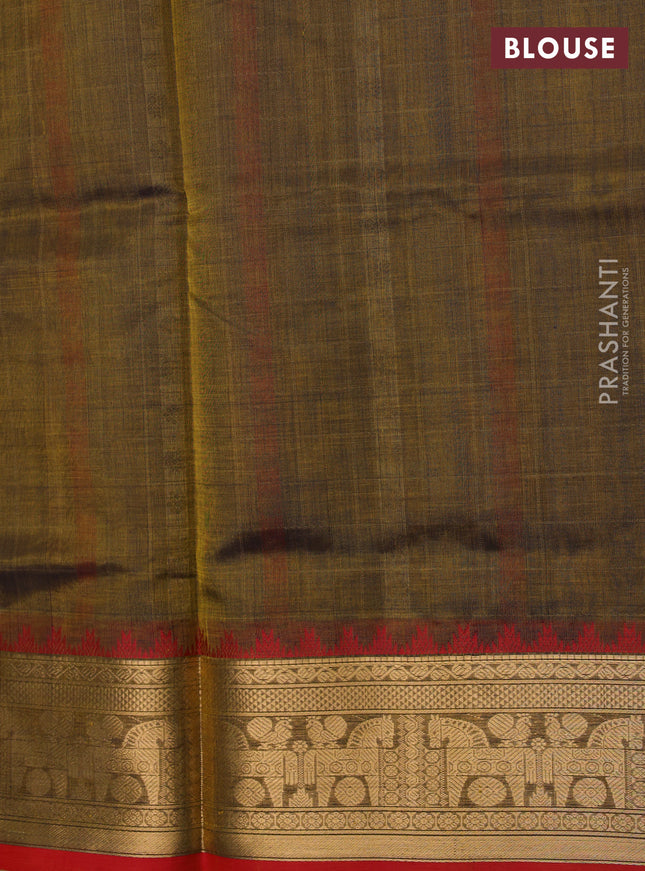 Kanchipuram silk cotton saree mehendi green and maroon with allover thread checks & buttas and rettapet zari woven border