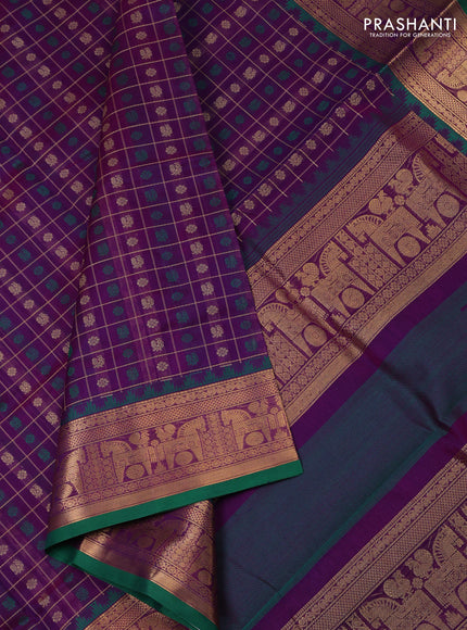 Kanchipuram silk cotton saree violet and green with allover thread checks & buttas and rettapet zari woven border