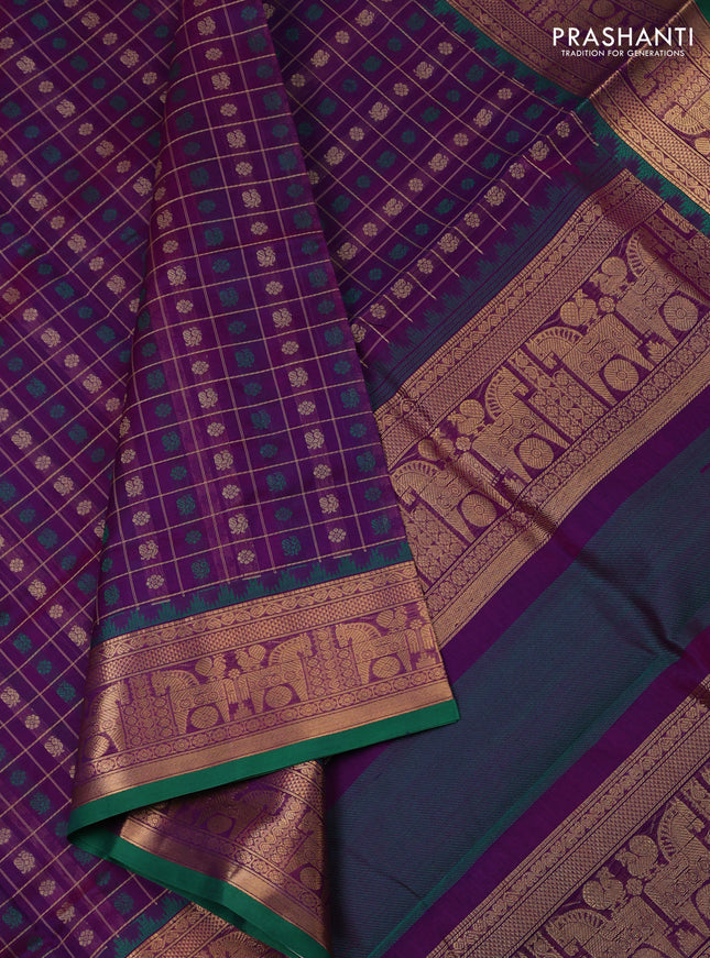 Kanchipuram silk cotton saree violet and green with allover thread checks & buttas and rettapet zari woven border
