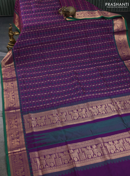 Kanchipuram silk cotton saree violet and green with allover thread checks & buttas and rettapet zari woven border