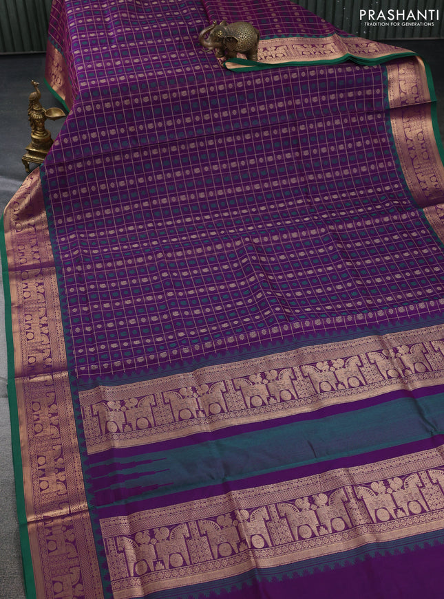 Kanchipuram silk cotton saree violet and green with allover thread checks & buttas and rettapet zari woven border