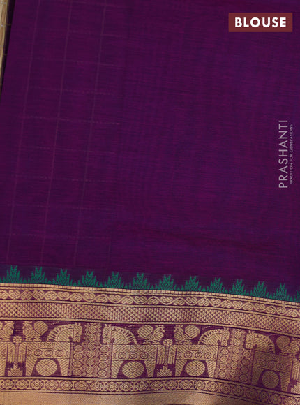 Kanchipuram silk cotton saree violet and green with allover thread checks & buttas and rettapet zari woven border