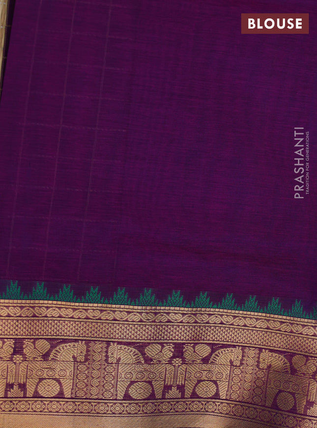 Kanchipuram silk cotton saree violet and green with allover thread checks & buttas and rettapet zari woven border