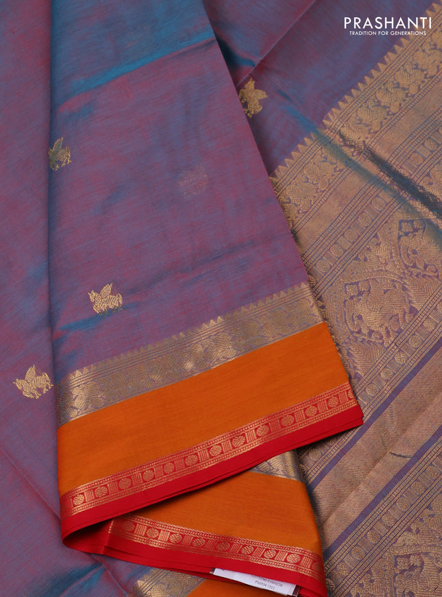 Kanchipuram silk cotton saree dual shade of teal bluish maroon and mustard yellow red with zari woven buttas and rettapet zari woven border