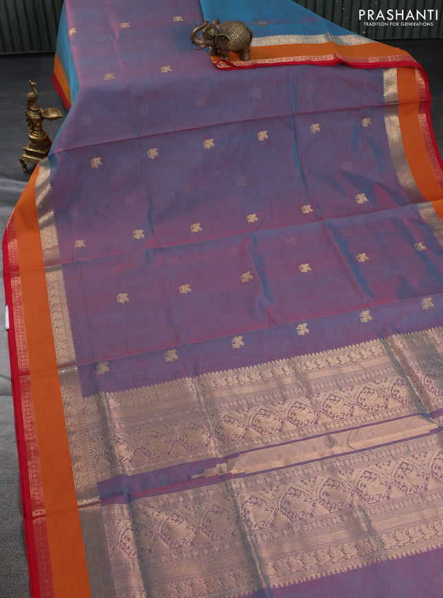 Kanchipuram silk cotton saree dual shade of teal bluish maroon and mustard yellow red with zari woven buttas and rettapet zari woven border